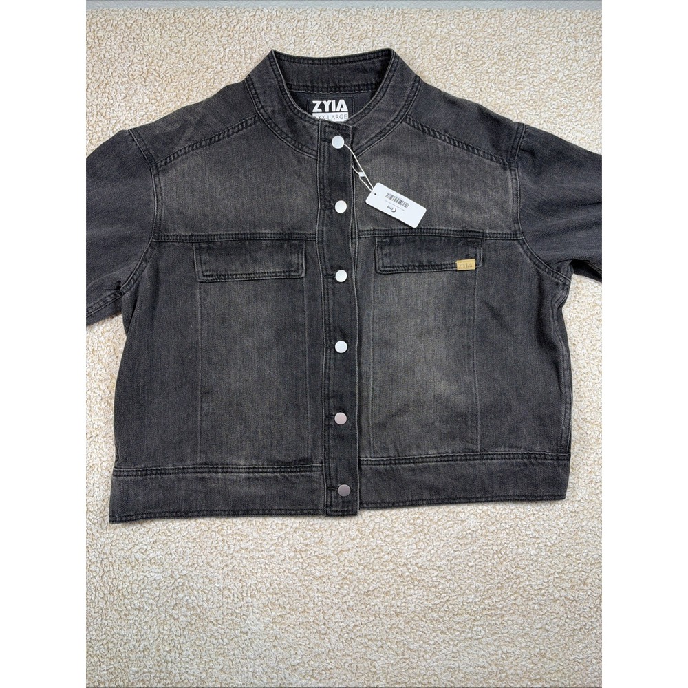 NWT ZYIA Active Womens Size 3XL Button Up Black Cotton Denim Trucker Jean Jacket